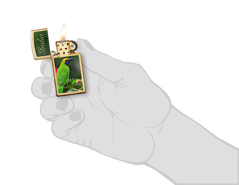 Slim Green Bird Design Windproof Pocket Lighter lit in hand.