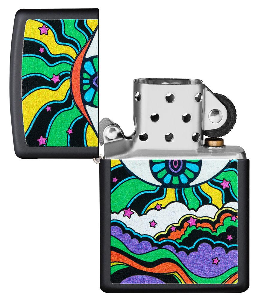 Black Light Eye Design Black Matte Windproof Lighter with its lid open and unlit.