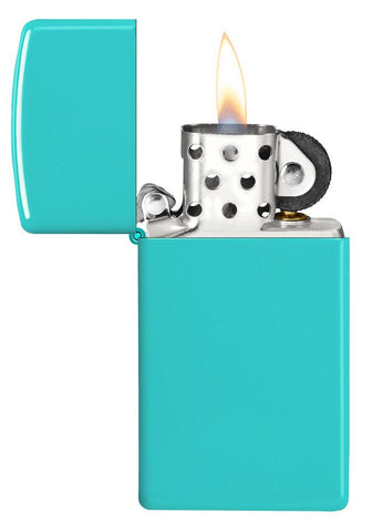Slim® Flat Turquoise Windproof Lighter with its lid open and lit.