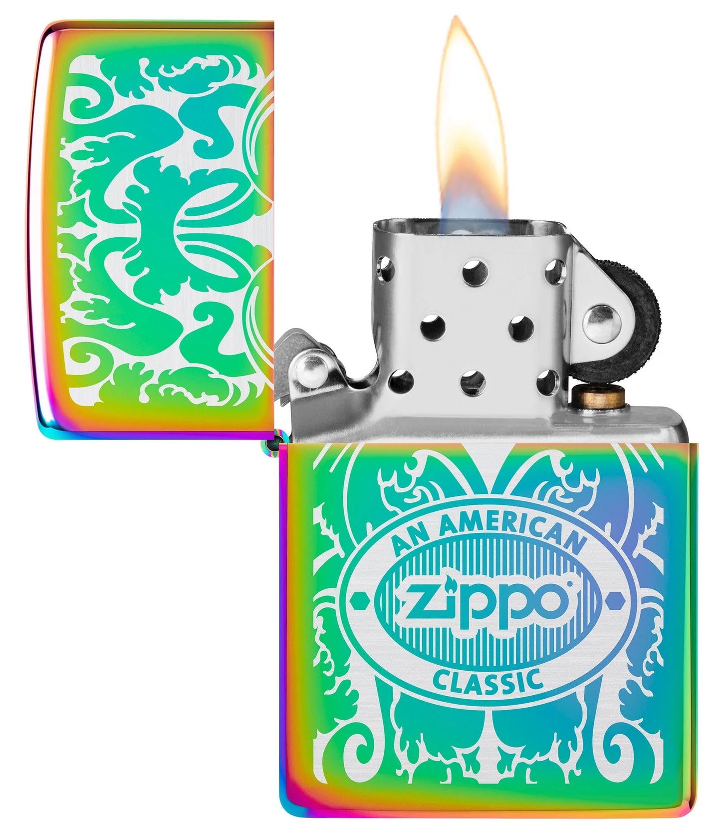 Zippo American Classic Windproof Lighter with its lid open and lit.