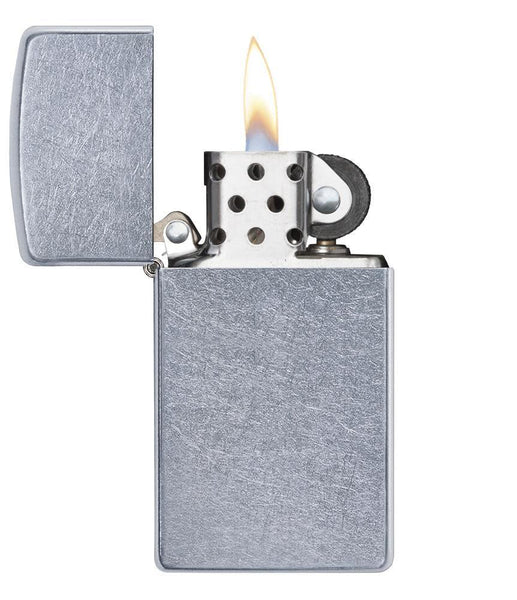 Slim® Street Chrome™ Windproof Lighter with its lid open and lit