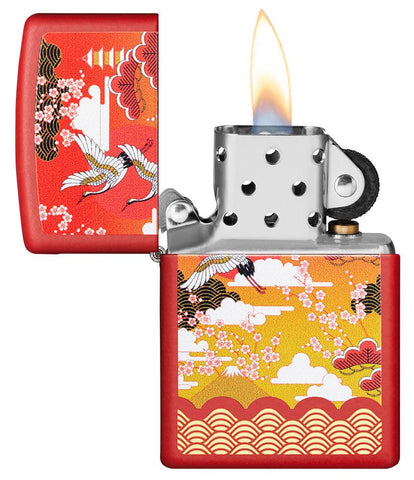 Kimono Design Red Matte Windproof Lighter with its lid open and lit