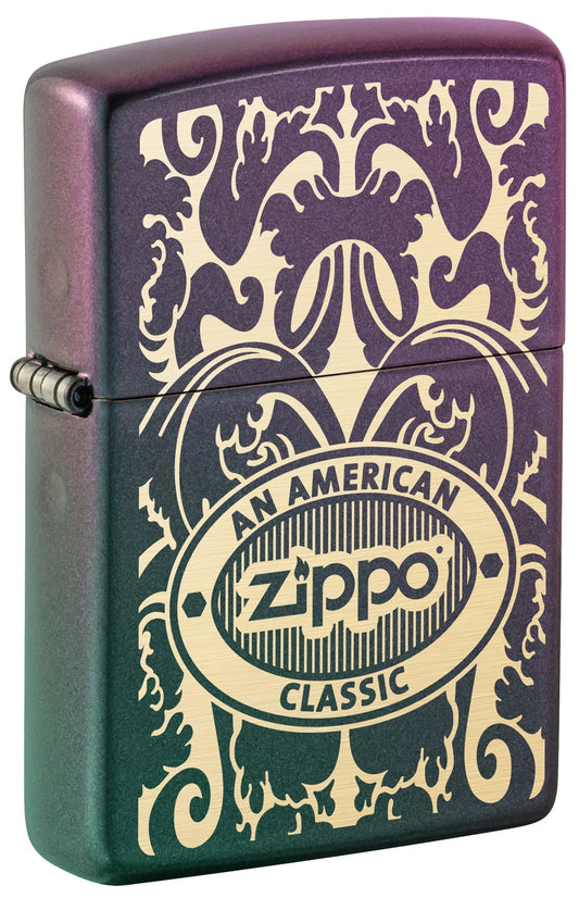 Front shot of Zippo American Classic Windproof Lighter standing at a 3/4 angle.