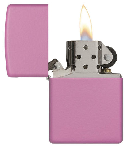 Classic Matte Pink Windproof Lighter with its lid open and lit