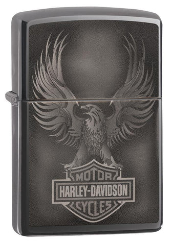 Front view of Harley-Davidson Black Ice Windproof Lighter standing at a 3/4 angle