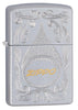 Front shot of Zippo Gold Script Satin Chrome Windproof Lighter standing at a 3/4 angle