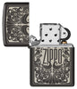 Zippo Logo Filigree Design High Polish Black Windproof Lighter with its lid open and unlit.