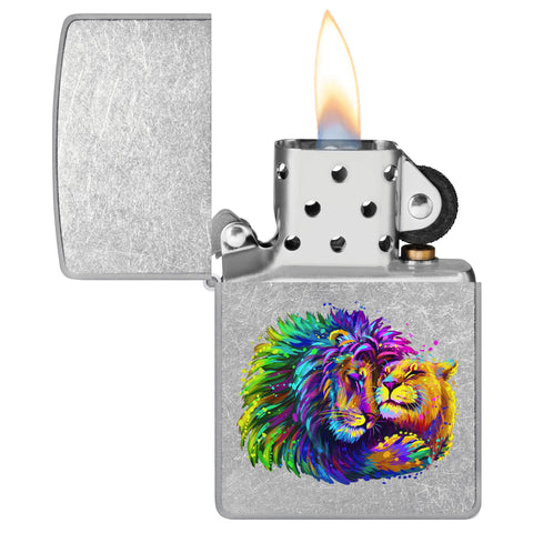 Lion Design Windproof Lighter with its lid open and lit.