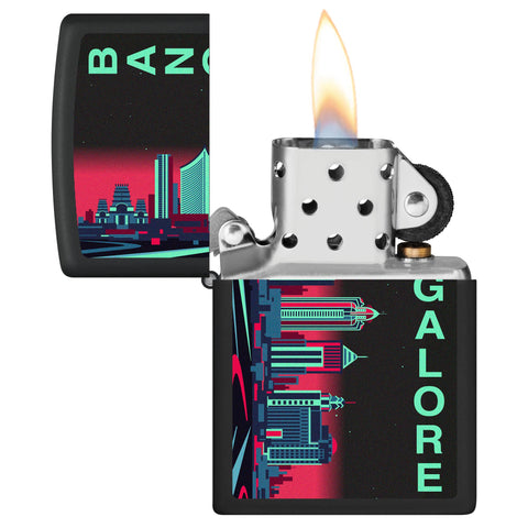 Bangalore Skyline Design Windproof Lighter with its lid open and lit.