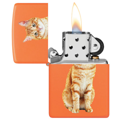 Cat Design Windproof Lighter with its lid open and lit.