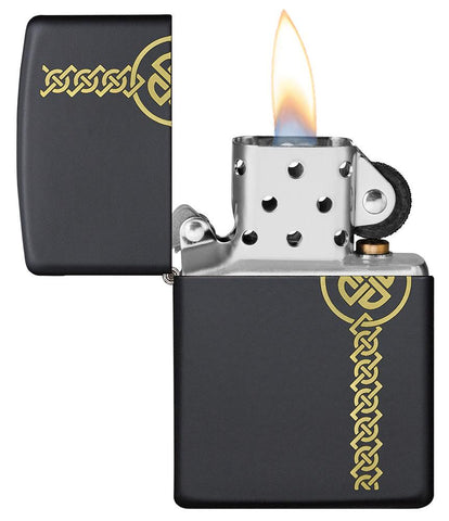 Celtic Laser Engraved Black Matte Windproof Lighter with its lid open and lit.