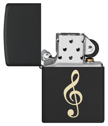 Zippo Muscial Note Windproof Lighter with its lid open and unlit.