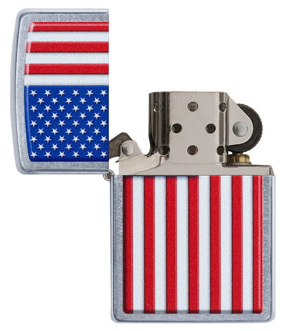 Patriotic Street Chrome Windproof Lighter with its lid open and unlit.