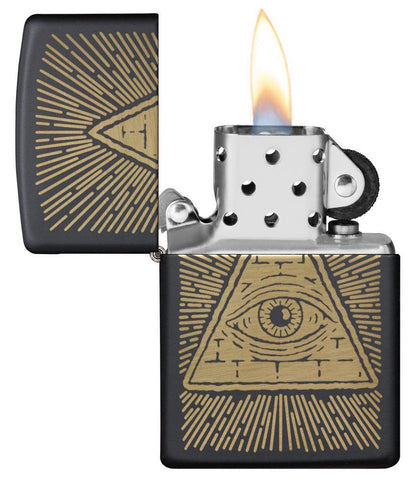 Eye of Providence Black Matte Design Windproof Lighter with its lid open and lit