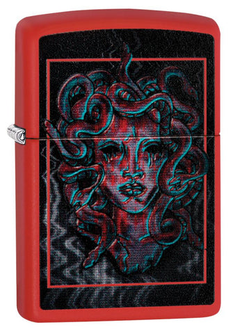 Front view of Medusa Design Red Matte Windproof Lighter standing at a 3/4 angle
