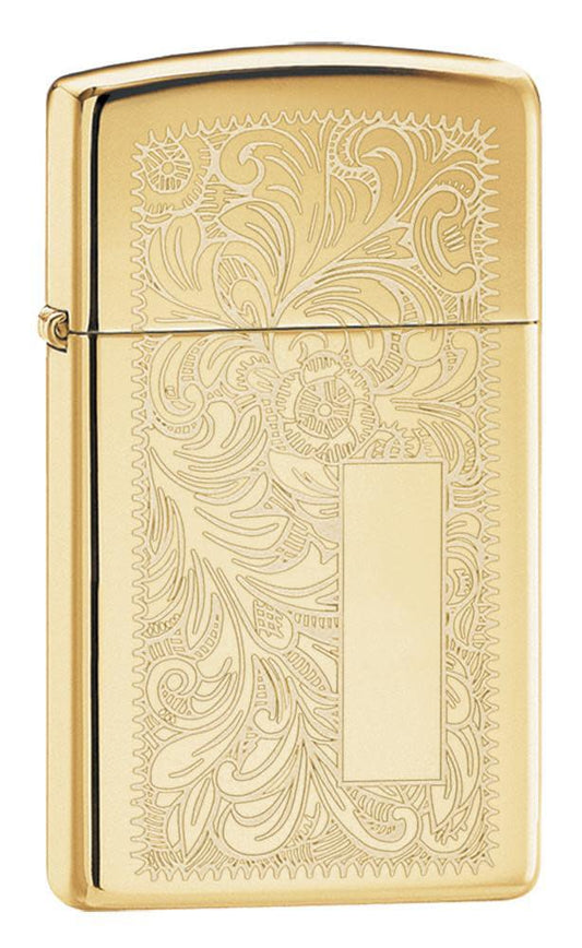 Slim High Polish Brass Venetian Windproof Lighter 3/4 View.