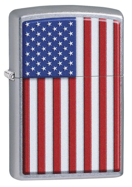 Front shot of Patriotic Street Chrome Windproof Lighter standing at a 3/4 angle.