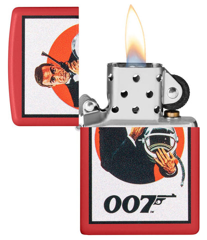 James Bond 007™ Vintage Design Red Matte Windproof Lighter with its lid open and lit.