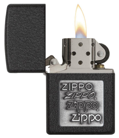 Black Crackle Silver Zippo Logo Emblem Windproof Lighter with its lid open and lit