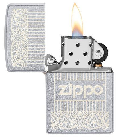 Zippo Design Windproof Pocket Lighter with its lid open and lit.