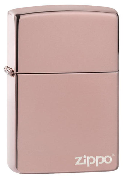 High Polish Rose Gold Zippo Logo windproof lighter facing forward at a 3/4 angle