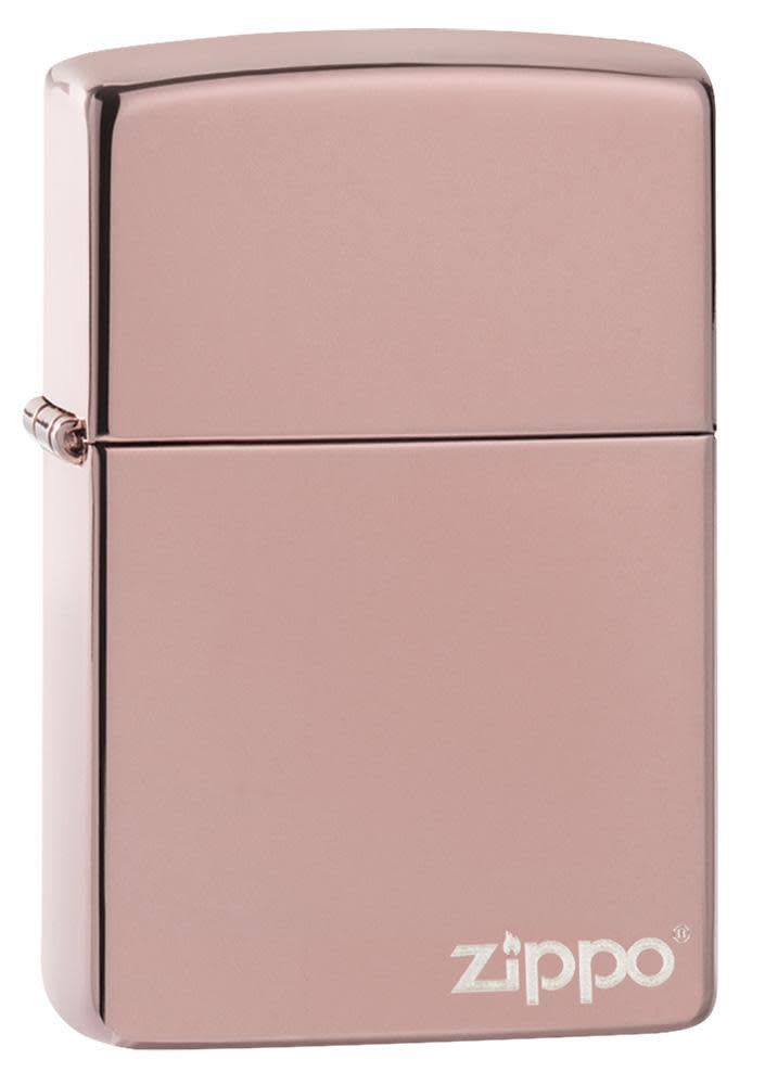 High Polish Rose Gold Zippo Logo windproof lighter facing forward at a 3/4 angle