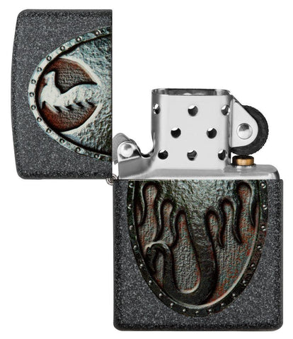 Metal Dragon Shield Design Iron Stone Lighter with its lid open and unlit
