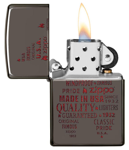 Typographic Flame Art Black Ice Windproof Lighter with its lid open and lit