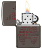 Typographic Flame Art Black Ice Windproof Lighter with its lid open and lit