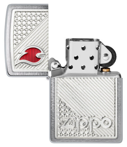 Zippo Tiles Emblem Design Brushed Chrome Windproof Lighter with its lid open and unlit.