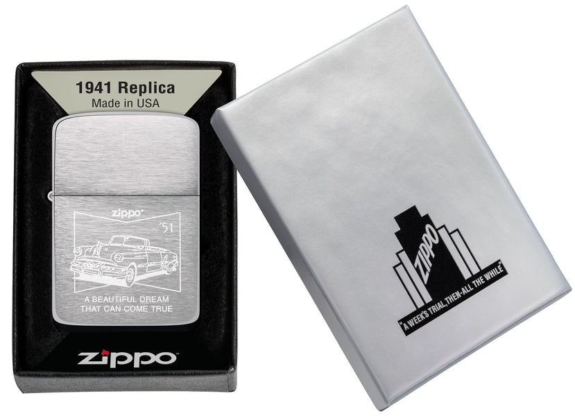 Zippo 50s Car 1941 Replica Brushed Chrome Design in it's packaging.