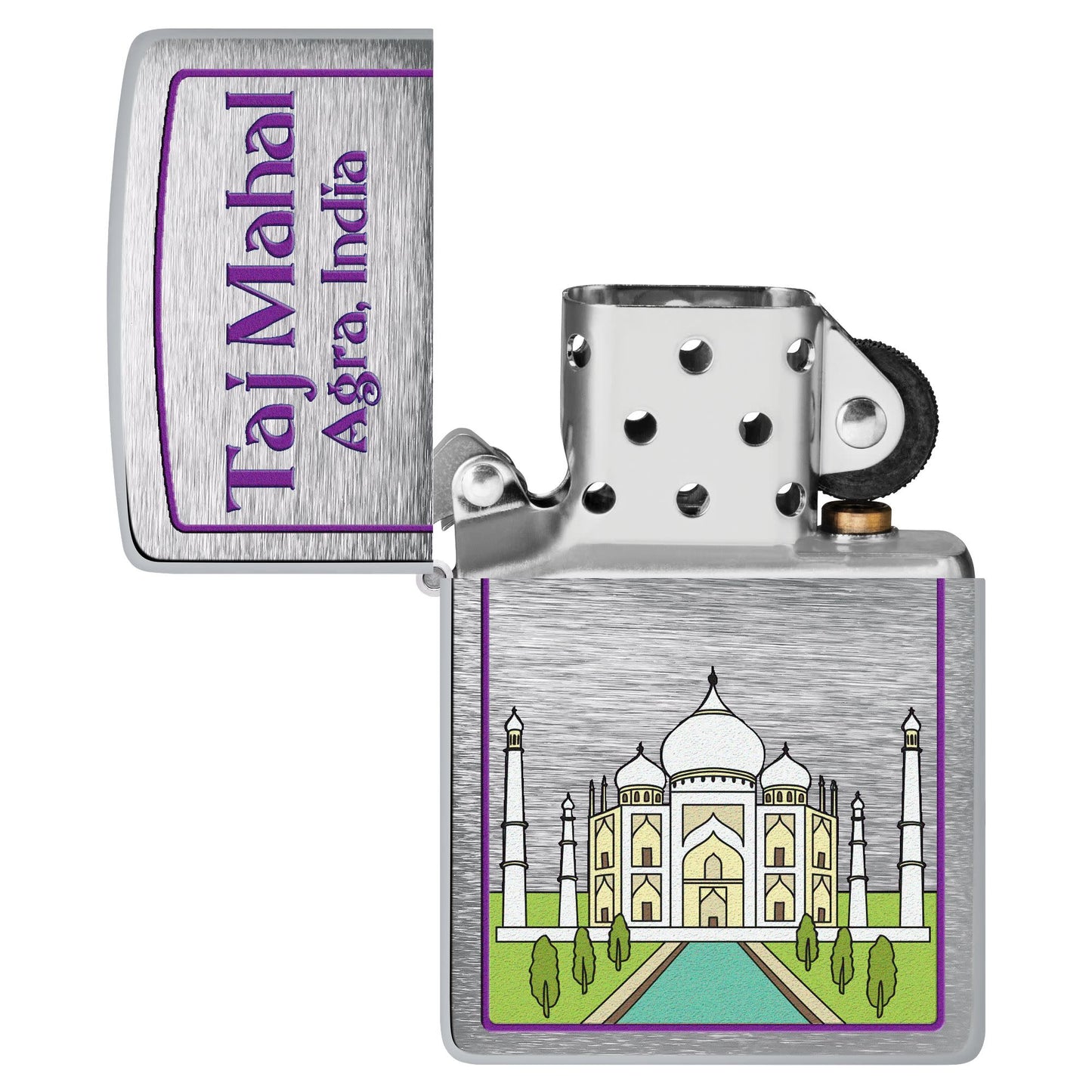 Taj Mahal Design Windproof Lighter with its lid open and unlit.