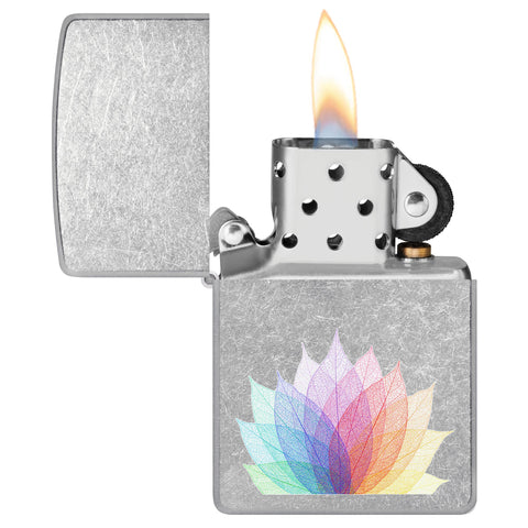 Abstract Leaf Design Windproof Lighter with its lid open and lit.