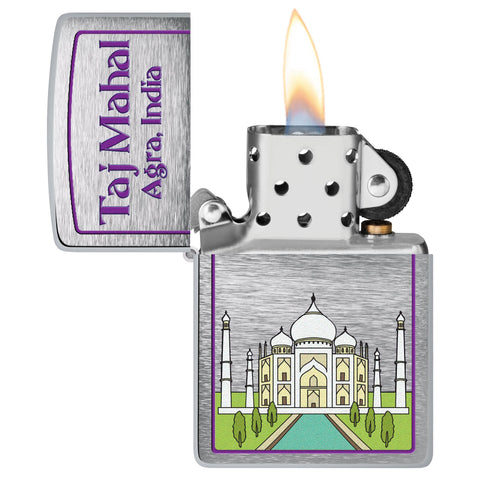 Taj Mahal Design Windproof Lighter with its lid open and lit.