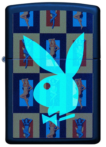 Playboy Black Light Rabbit Head Black Matte Windproof Lighter with its lid open and lit.