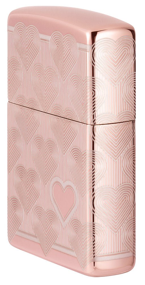 Angled shot of Heart Design High Polish Rose Gold Windproof Lighter, showing the front and right side of the lighter.