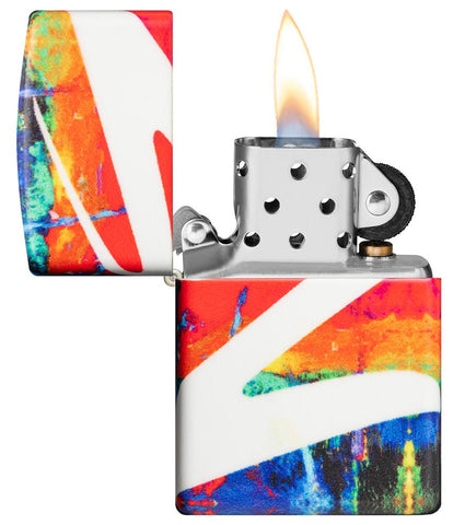 Drippy Z Design 540 Color Windproof Lighter with its lid open and lit.