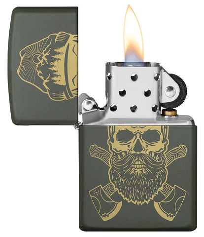 Outdoor Skull Design Green Matte Windproof Lighter with its lid open and lit