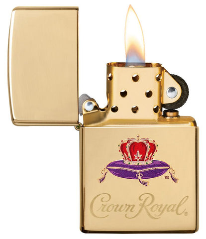 Crown Royal® High Polish Brass Windproof Lighter with its lid open and lit.