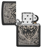Anne Stokes Wolf High Polish Black Windproof Lighter with its lid open and unlit