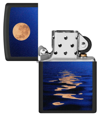 Full Moon Design Black Light Black Matte Windproof Lighter with its lid open and unlit.