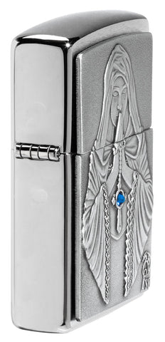 Anne Stokes Gothic Prayer Emblem Brushed Chrome Windproof Lighter with its lid open and lit.
