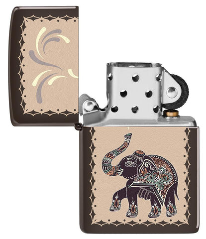Lucky Elephant Design Windproof Pocket Lighter with its lid open and unlit.