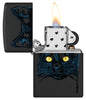 Zippo Black Cat Design Windproof Lighter with its lid open and lit.