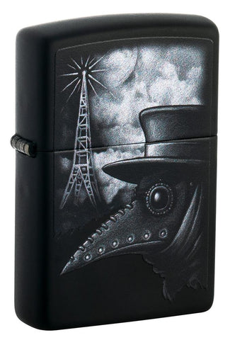 Front shot of Plague of Disinformation Black Matte Windproof Lighter standing at a 3/4 angle