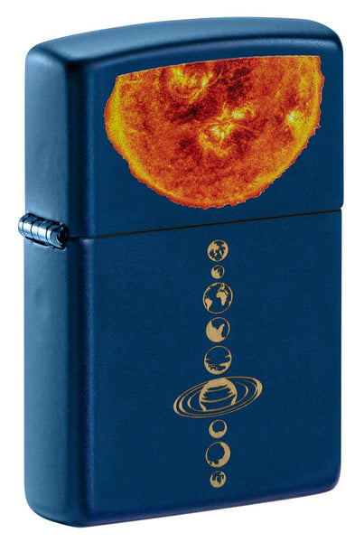 Front view of Solar System Design Navy Matte Windproof Lighter standing at a 3/4 angle.