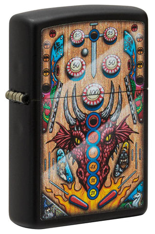 Front shot of Dragon Pinball Design Black Matte Windproof Lighter standing at a 3/4 angle