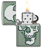 Zippo Skull Design Windproof Lighter with its lid open and lit.