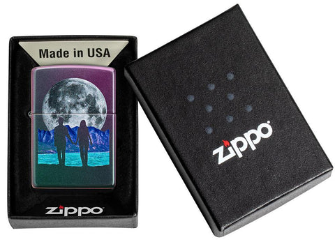 Moon Couple Design Iridescent Windproof Lighter in its packaging