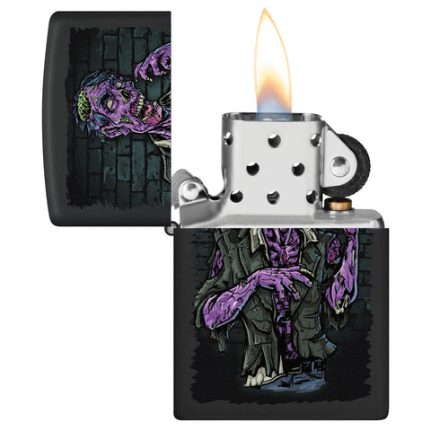 Zombie Design Windproof Lighter with its lid open and lit.